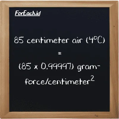 Cara konversi centimeter air (4<sup>o</sup>C) ke gram-force/centimeter<sup>2</sup> (cmH2O ke gf/cm<sup>2</sup>): 85 centimeter air (4<sup>o</sup>C) (cmH2O) setara dengan 85 dikalikan dengan 0.99997 gram-force/centimeter<sup>2</sup> (gf/cm<sup>2</sup>)